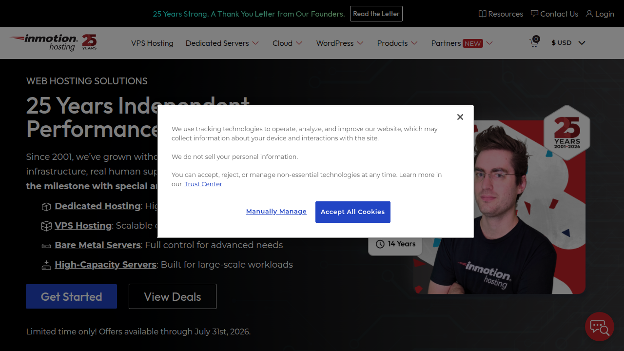 The homepage of InMotion Hosting, highlighting their business-focused hosting solutions.