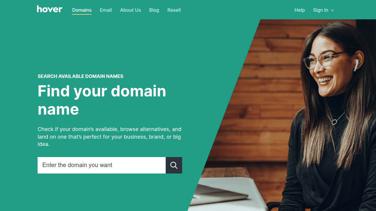 Hover's domain names and pricing page, showcasing available TLDs and transparent costs for registration and renewal.
