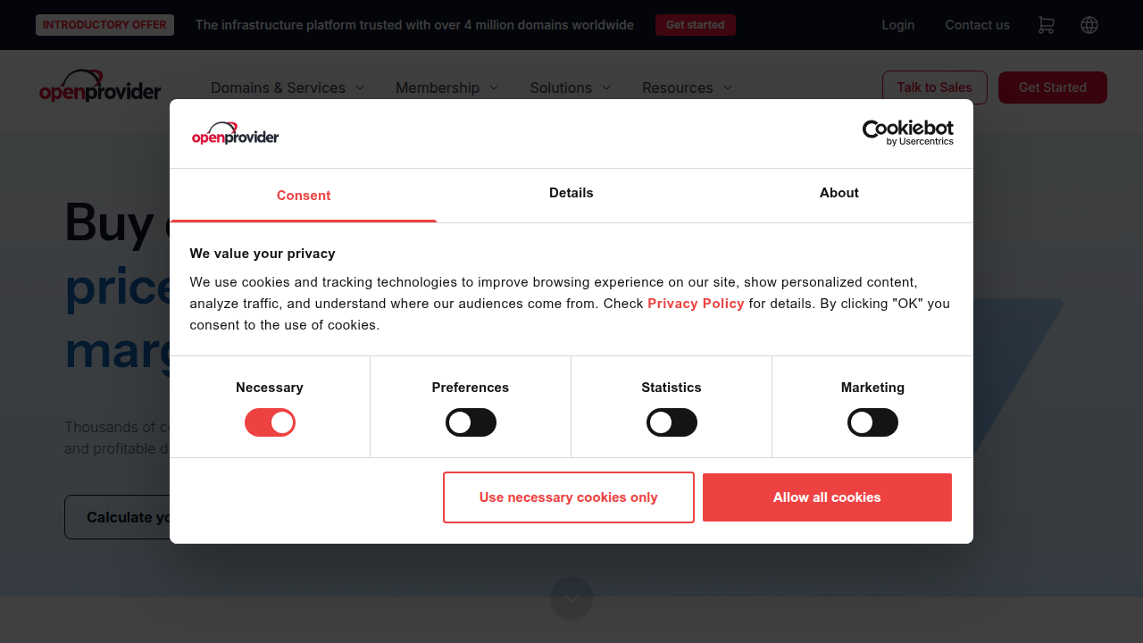 Screenshot of the OpenProvider website, a resource for web hosting market data.