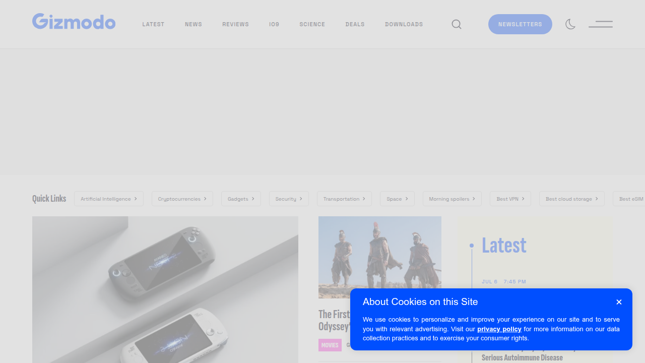 Screenshot of the Gizmodo website, a technology and gadget news portal.