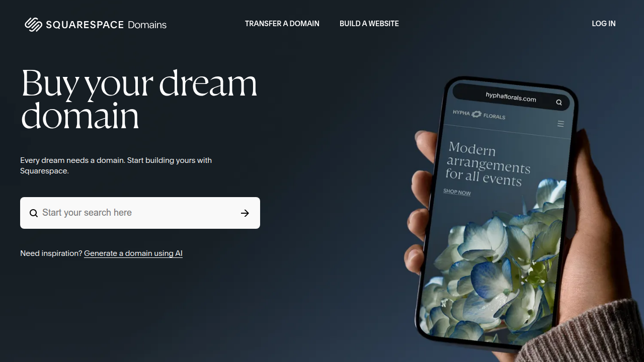 The Squarespace Domains homepage, now the primary platform for managing domains previously handled by Google Domains.