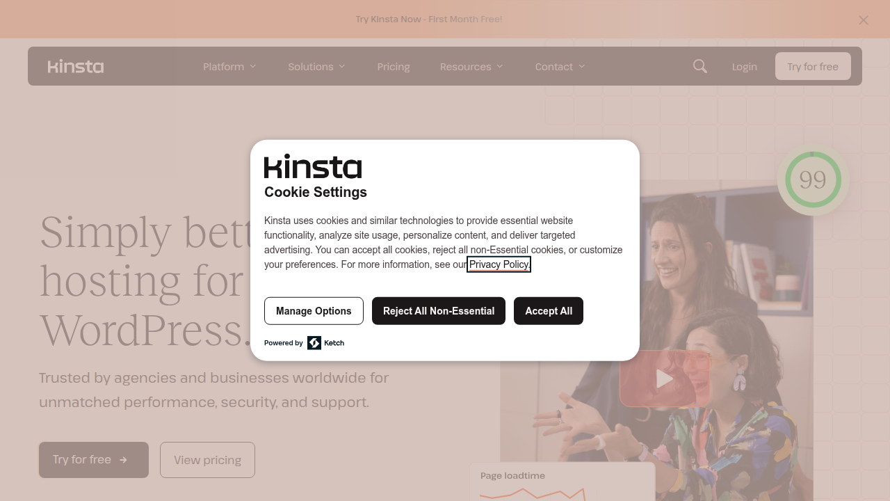 Kinsta's homepage, a leading managed WordPress host built on Google Cloud infrastructure.