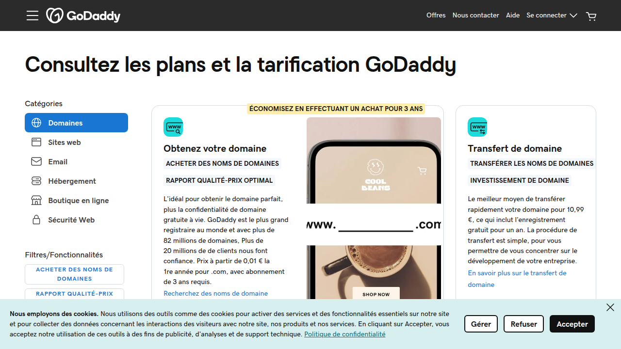 A typical GoDaddy pricing page showing introductory offers for various domain types and services.
