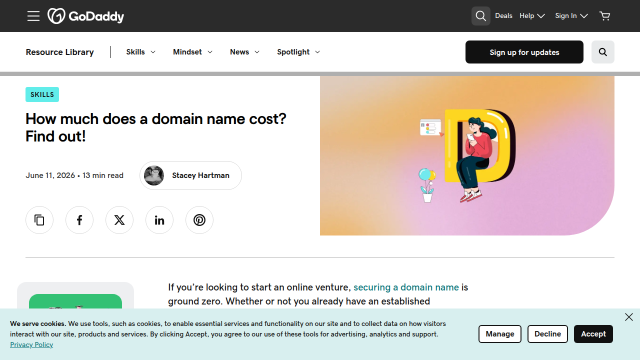 An example of GoDaddy's resource page detailing the factors influencing domain name costs.