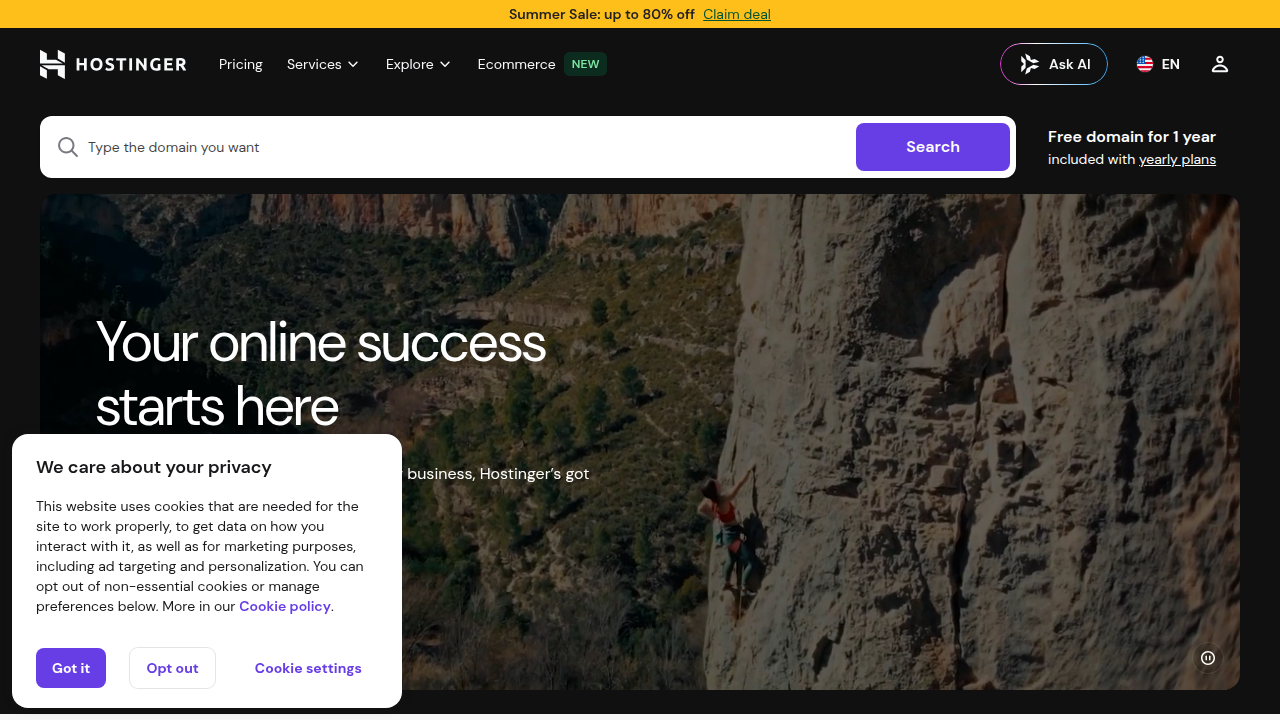 Hostinger's official website, a common competitor to GoDaddy in the web hosting market.