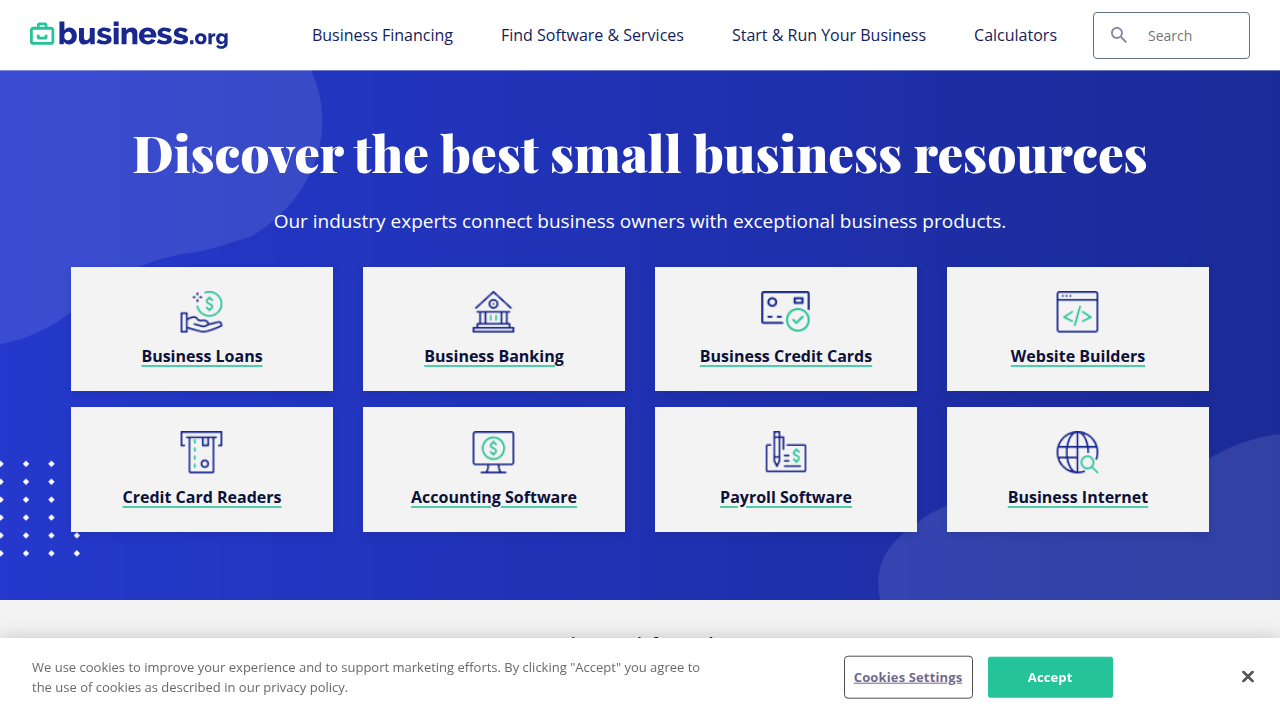 A screenshot of the Business.org homepage, a resource for business-related reviews and insights, including web hosting.