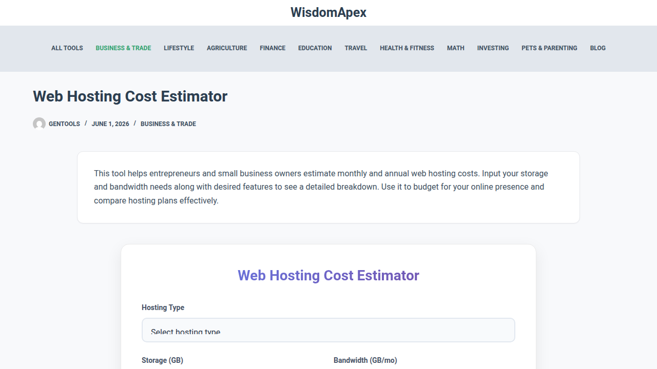 A screenshot of an online web hosting cost estimator tool, demonstrating how to input needs and get cost estimates.