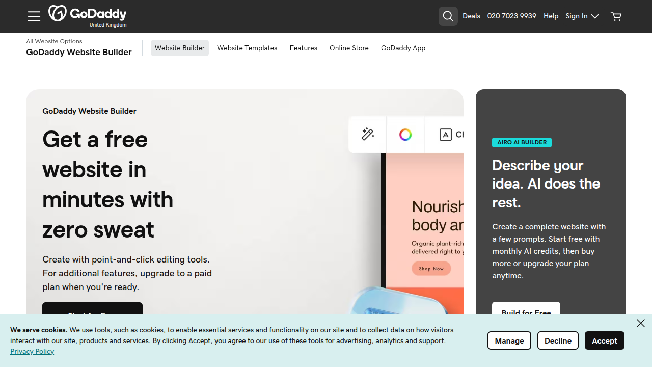 A screenshot of the GoDaddy Website Builder's main landing page, showcasing its features and ease of use for small businesses.