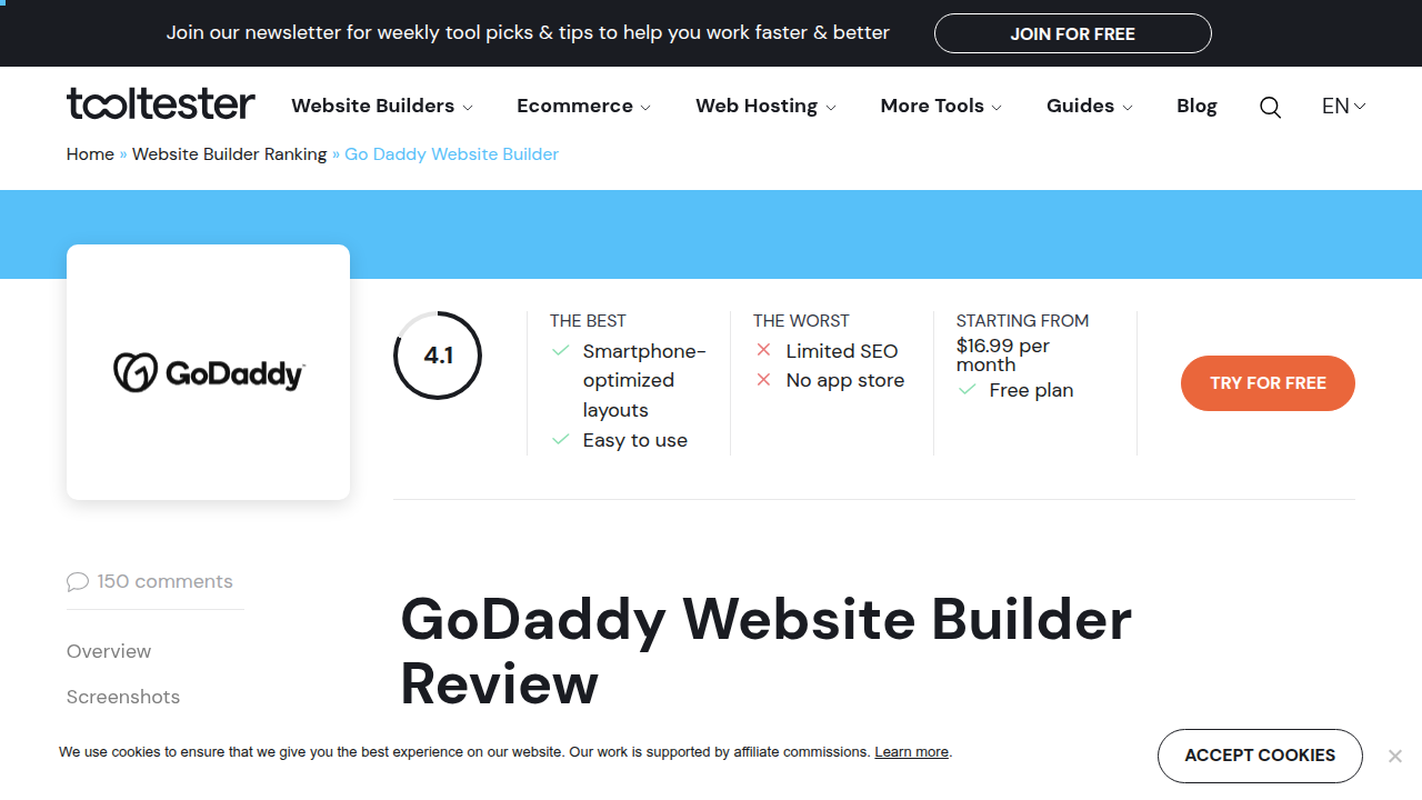 A screenshot of Tooltester's in-depth review of the GoDaddy Website Builder, detailing its mobile optimization.
