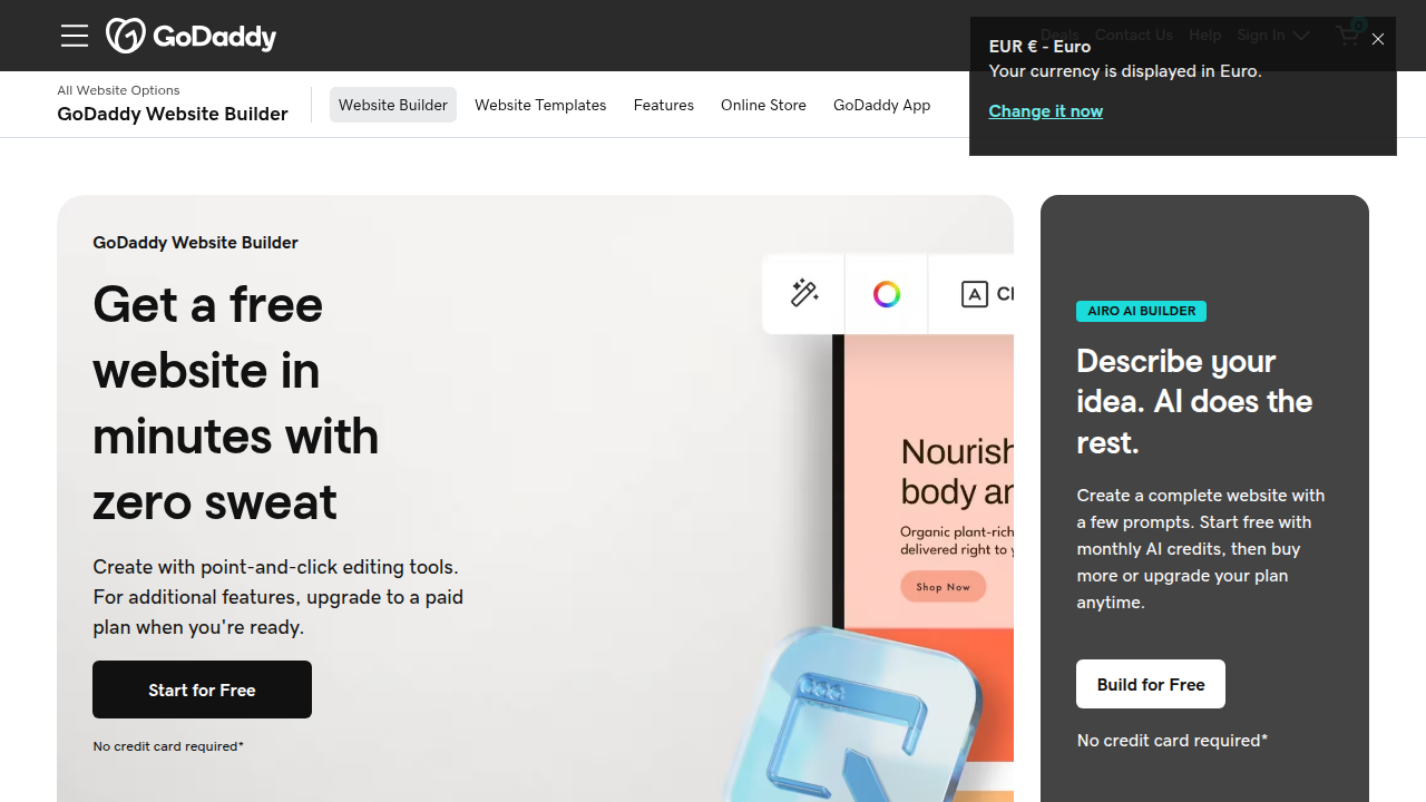 A screenshot of the GoDaddy Website Builder homepage, showcasing its features for creating professional websites.
