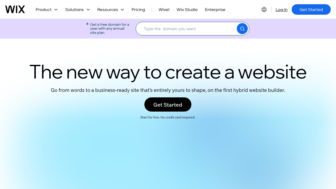 A screenshot of the Wix homepage, illustrating its focus on comprehensive design freedom and website creation tools.