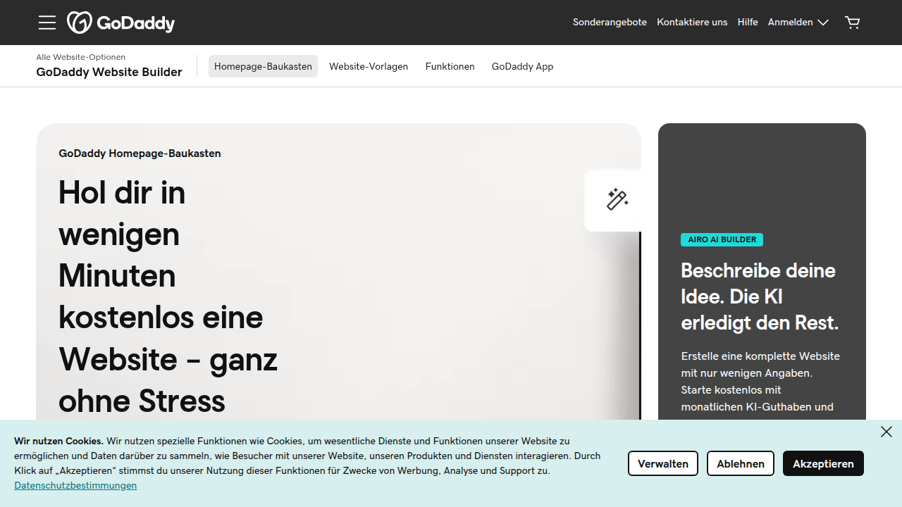 Screenshot of the GoDaddy Website Builder homepage, showcasing its main features and design.