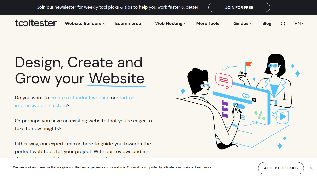 Screenshot of ToolTester, a website offering detailed reviews and comparisons of website builders.