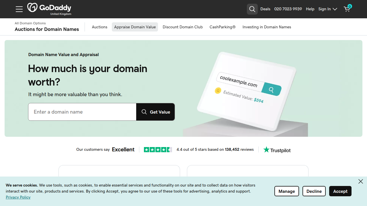 A screenshot of the GoDaddy Domain Name Value & Appraisal tool page, explaining its features and benefits.