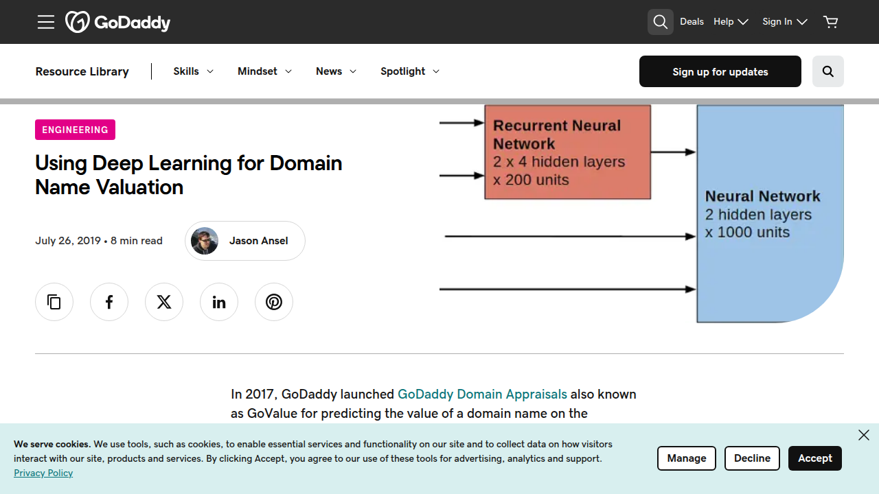 A screenshot of a GoDaddy article discussing the use of deep learning in its domain name valuation system.