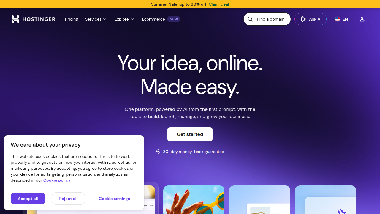 The official Hostinger website showcasing current web hosting offers and pricing structures.