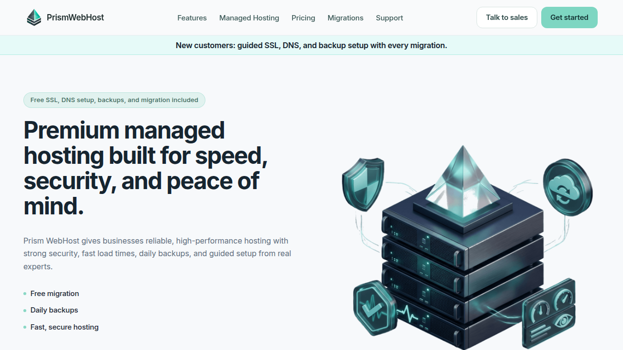 Screenshot of the Prism Webhost homepage, a resource for web hosting and services reviews for small to medium businesses.