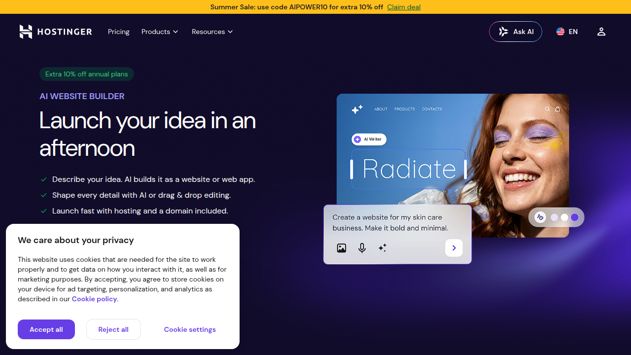 Screenshot of Hostinger's AI Website Builder product page, highlighting its quick site creation capabilities.