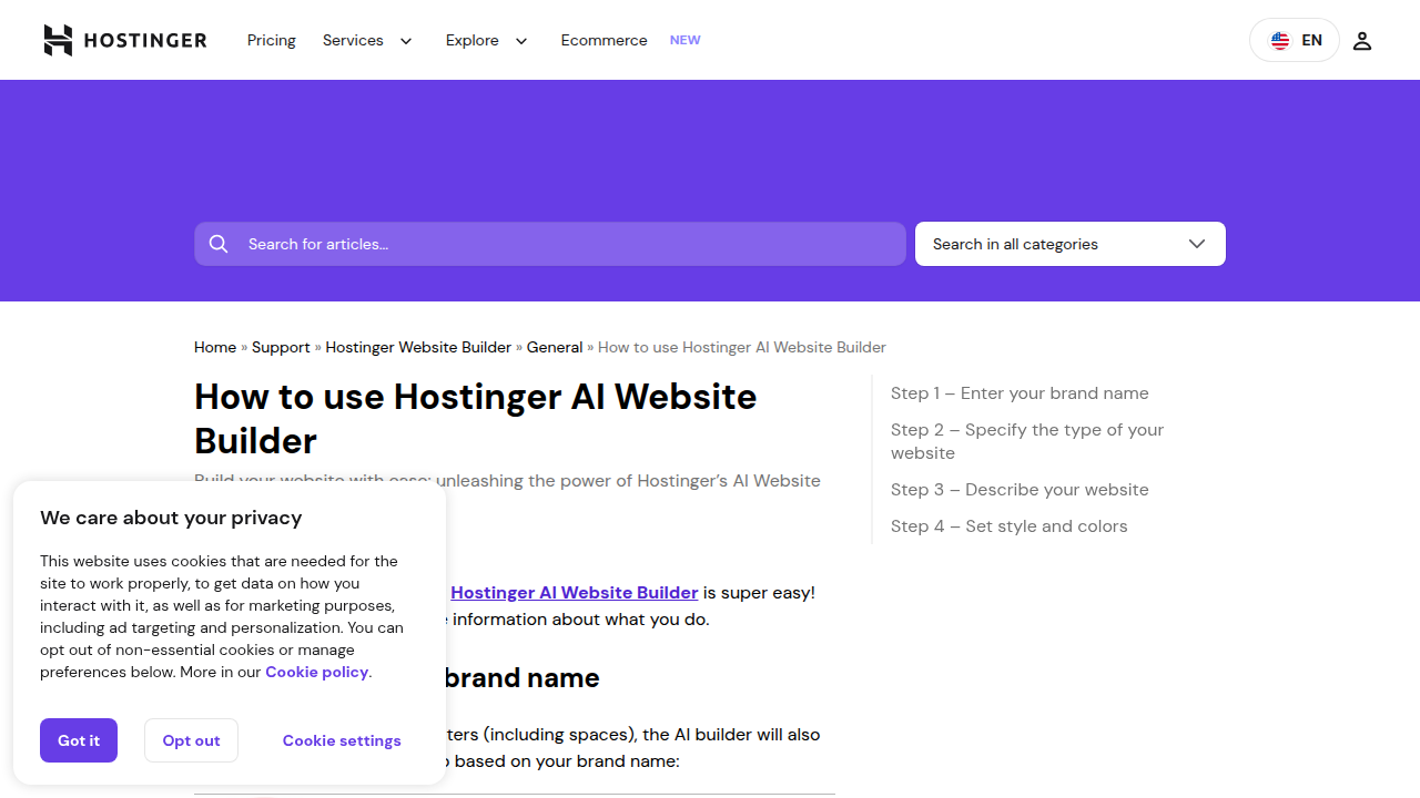 Screenshot from Hostinger's support guide on how to use their AI Website Builder, detailing setup steps.