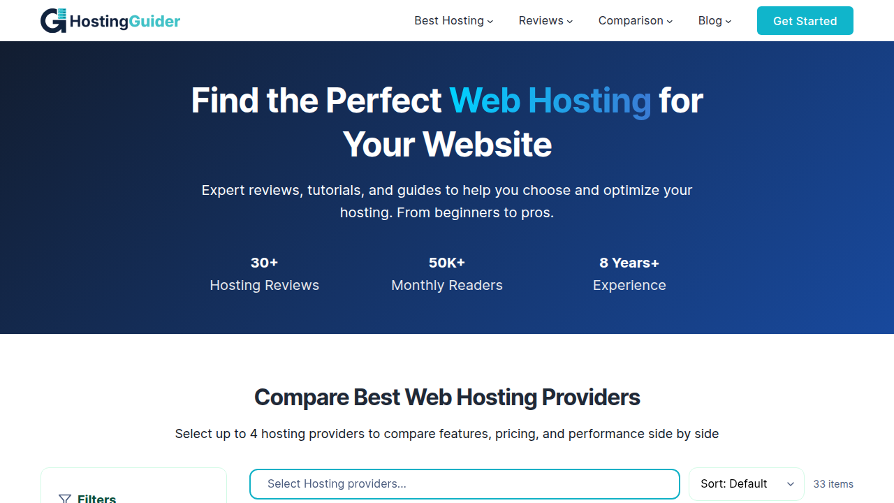 Homepage of HostingGuider, providing statistics and insights on domain names and hosting trends.