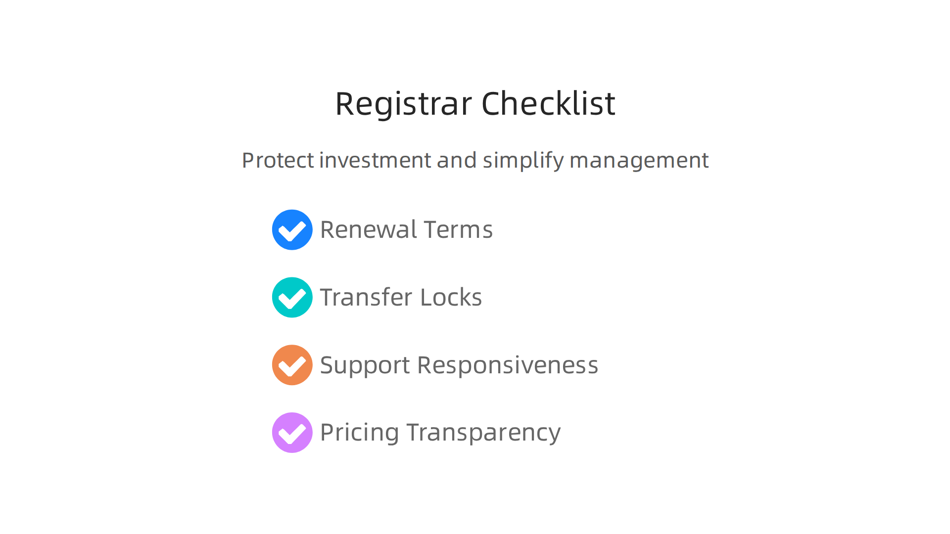 An infographic checklist guiding users through key considerations when selecting a domain registrar to ensure fair terms and transparent pricing.