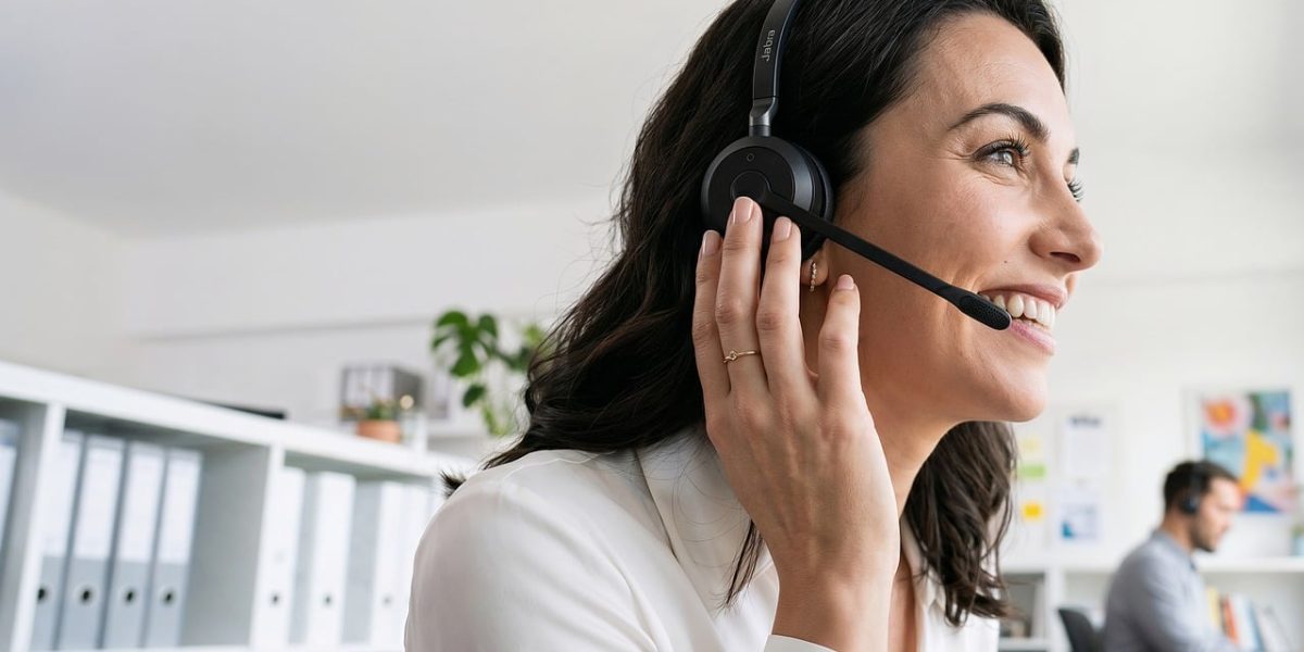 A friendly support agent providing assistance to a customer online, demonstrating good service.