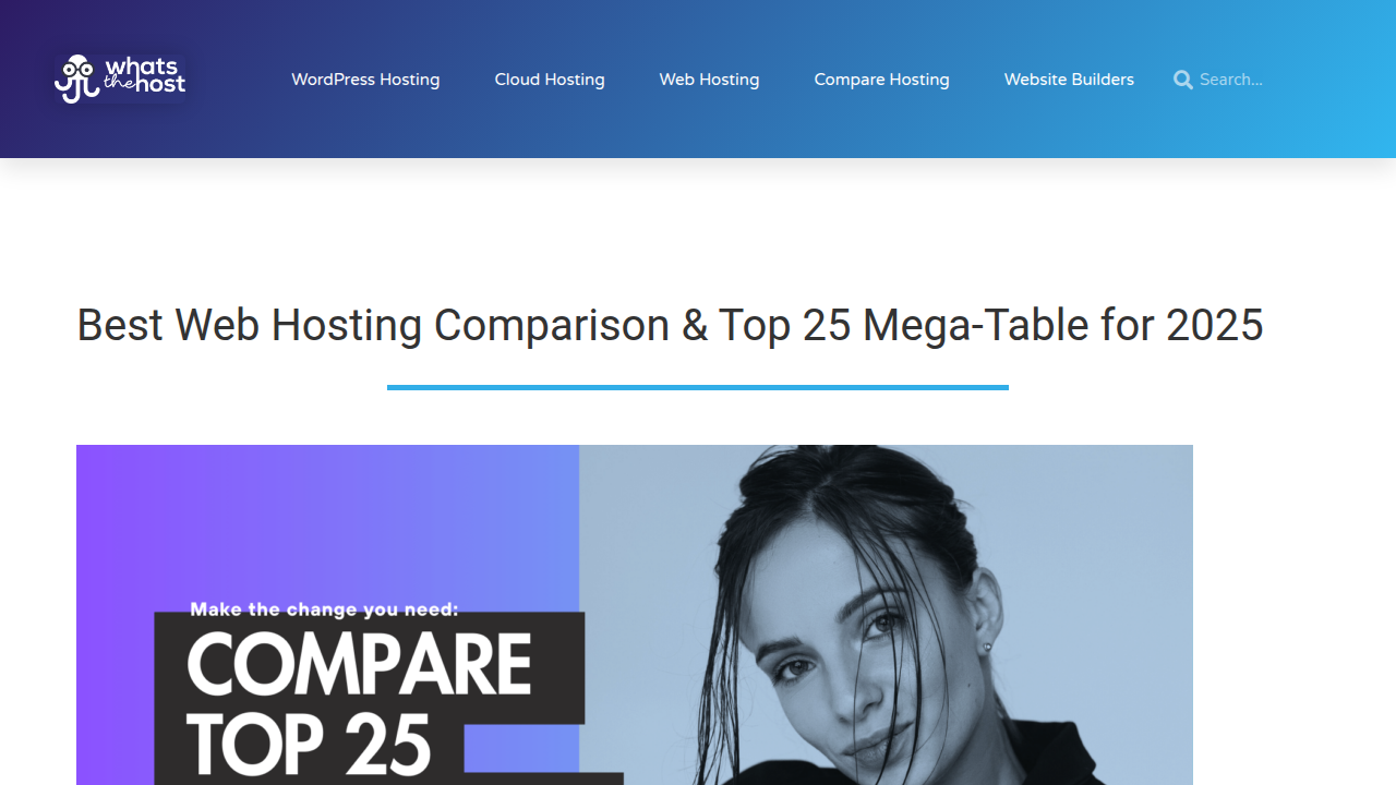 Screenshot of the WhatsTheHost homepage, a resource for web hosting reviews and deals.