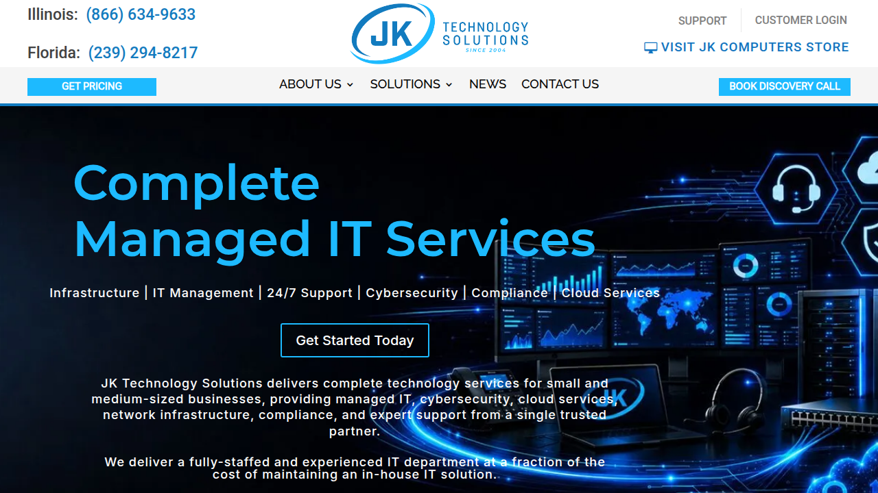 A screenshot of JK Consulting's homepage, providing guidance on business-class computer hardware requirements.