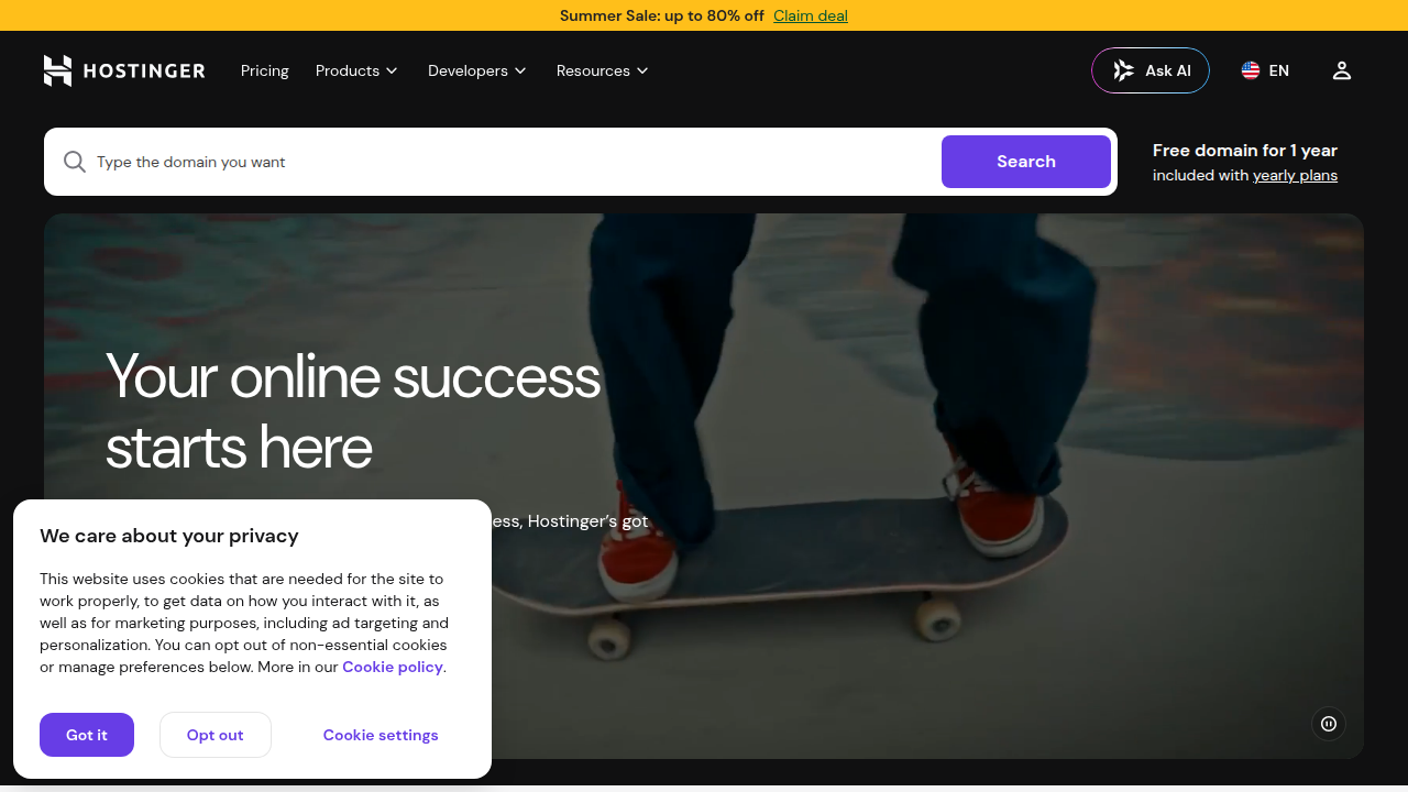 Screenshot of the Hostinger homepage, a popular web hosting provider.