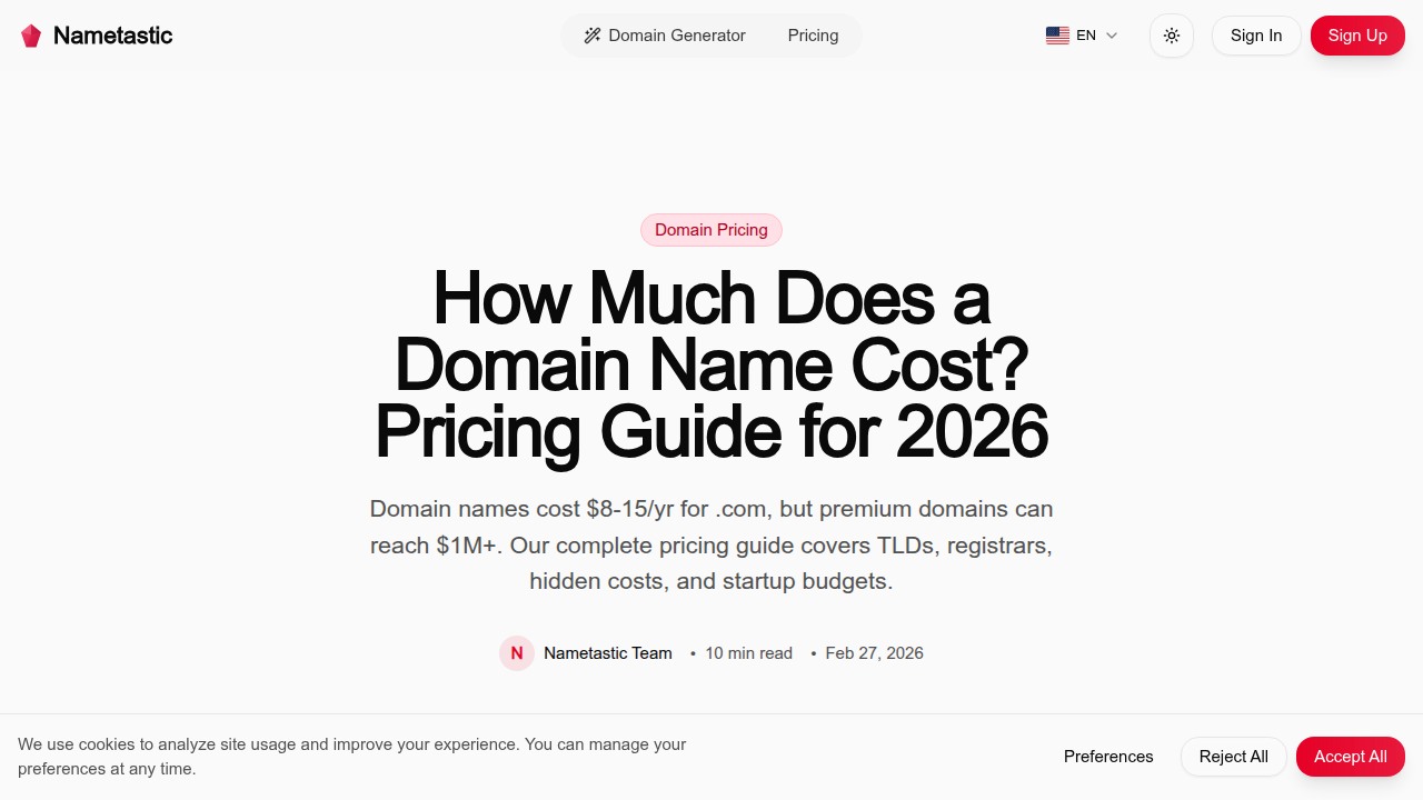 A pricing guide illustrates how much various Top-Level Domains (TLDs) can cost per year.