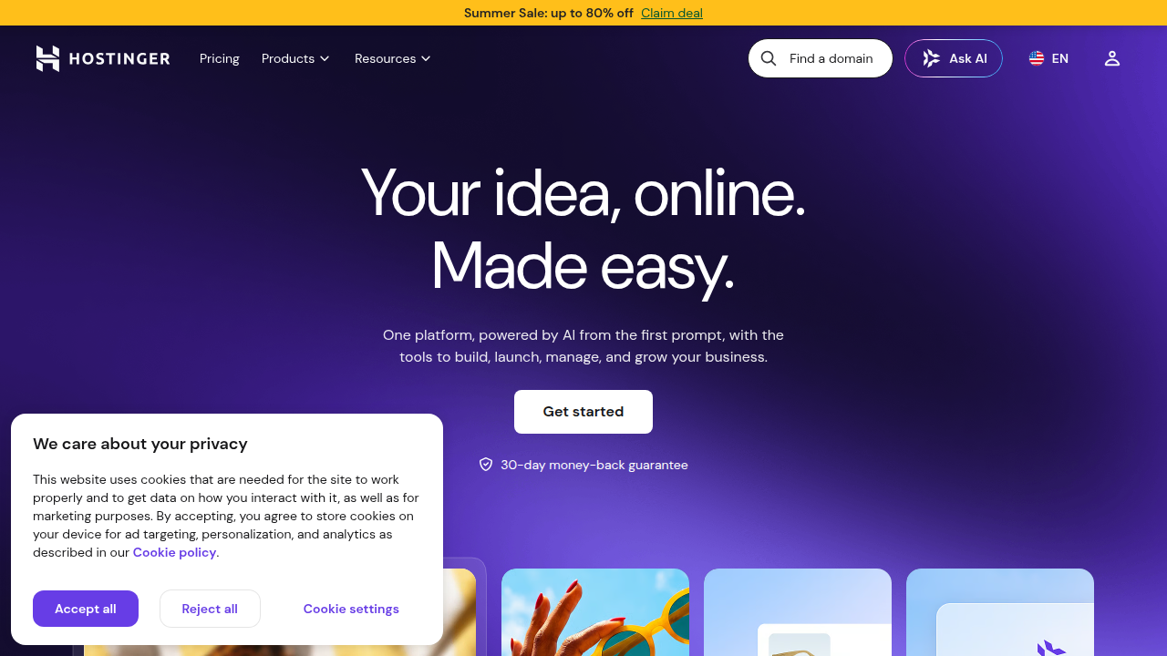 Screenshot of Hostinger's homepage, another well-known web hosting and domain registration provider.