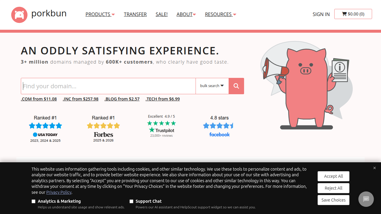 Screenshot of Porkbun's homepage, known for transparent and often competitive domain pricing.